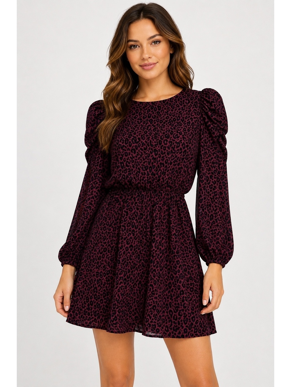 Express Women's Burgundy and Black Leopard Print Puff Sleeve Dress XS